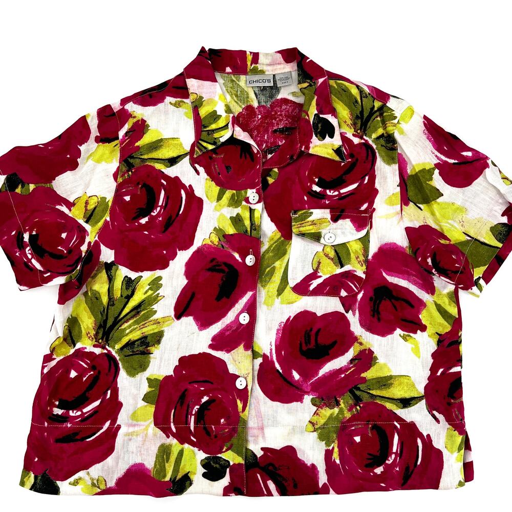 Chicos Womens Red Rose Print Linen Button Up Blouse Chico's Size 2 (L) Preowned